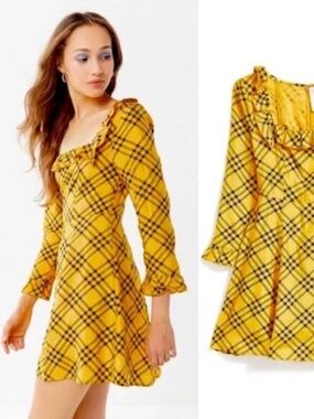 Urban Outfitters Yellow Plaid Ruffle Square Neck Mini Dress Clueless Academia M